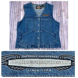 Vtg Harley Davidson Motorcycle Vest L 12 14 Trucker Denim Jean Sleeveless Jacket
